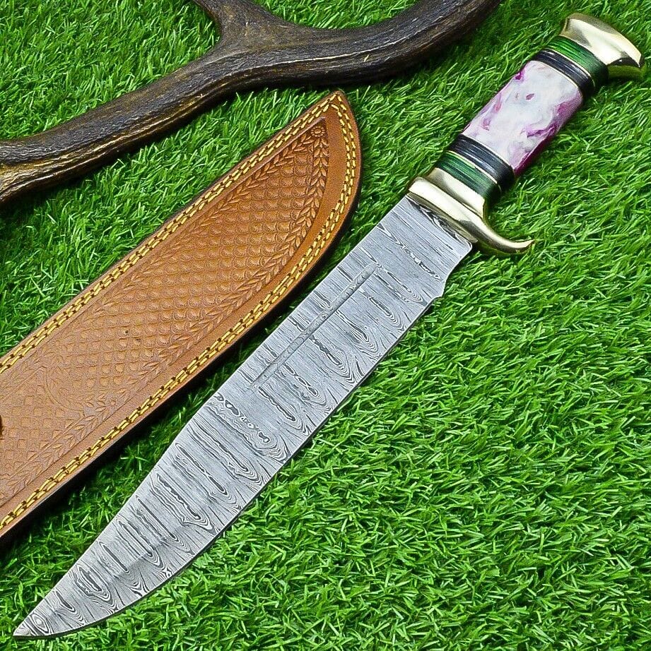 Texan Knives Bowie Knives Damascus Steel "The Bowie" Knife - 16" with Brass Guard and Resin Pakkawood Handle, Leather Sheath Included