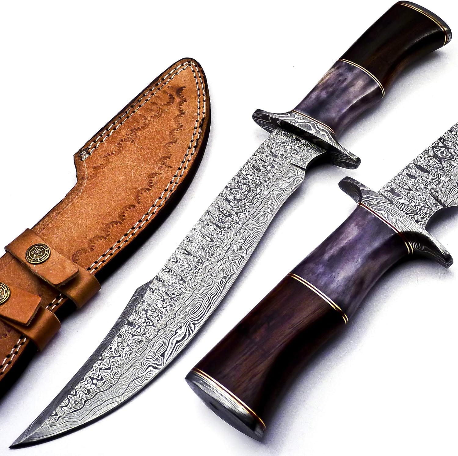 Texan Knives Bowie Knives Damascus Steel Western Brand Knives - 15" Knife with Color Bone & Buffalo Horn Handle, Leather Sheath Included