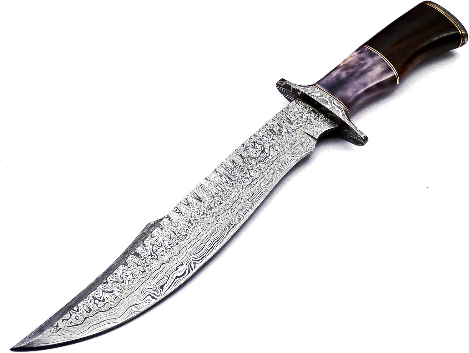 Texan Knives Bowie Knives Damascus Steel Western Brand Knives - 15" Knife with Color Bone & Buffalo Horn Handle, Leather Sheath Included