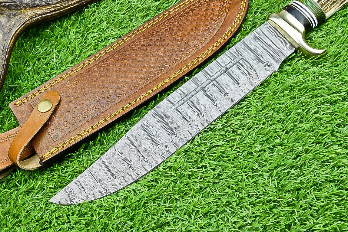 Texan Knives Bowie Knives Deluxe Dundee Knife – 16" Handmade Damascus Steel Blade with Brass Guard & Pakkawood or Stag Horn Handle + Leather Sheath