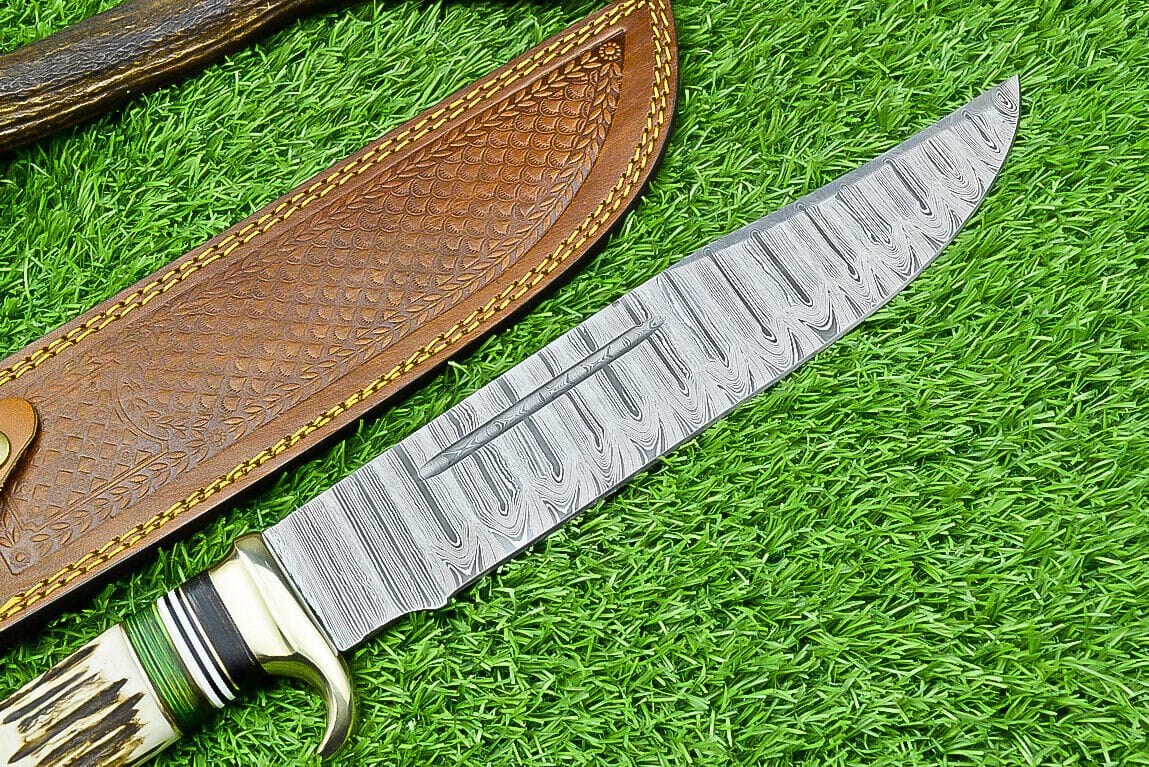 Texan Knives Bowie Knives Deluxe Dundee Knife – 16" Handmade Damascus Steel Blade with Brass Guard & Pakkawood or Stag Horn Handle + Leather Sheath