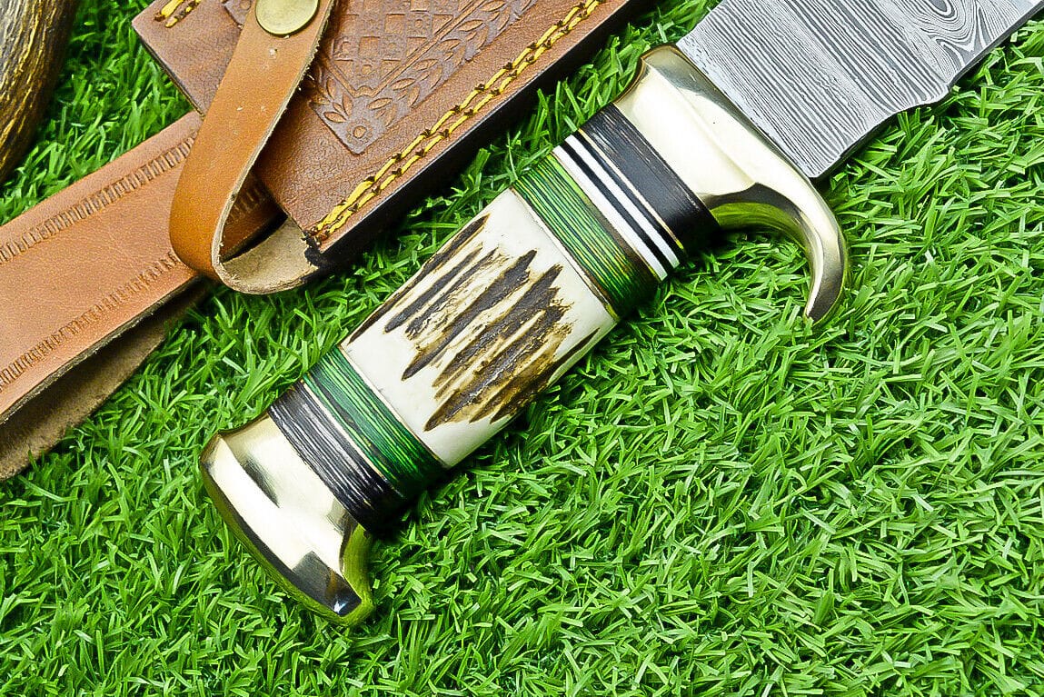 Texan Knives Bowie Knives Deluxe Dundee Knife – 16" Handmade Damascus Steel Blade with Brass Guard & Pakkawood or Stag Horn Handle + Leather Sheath