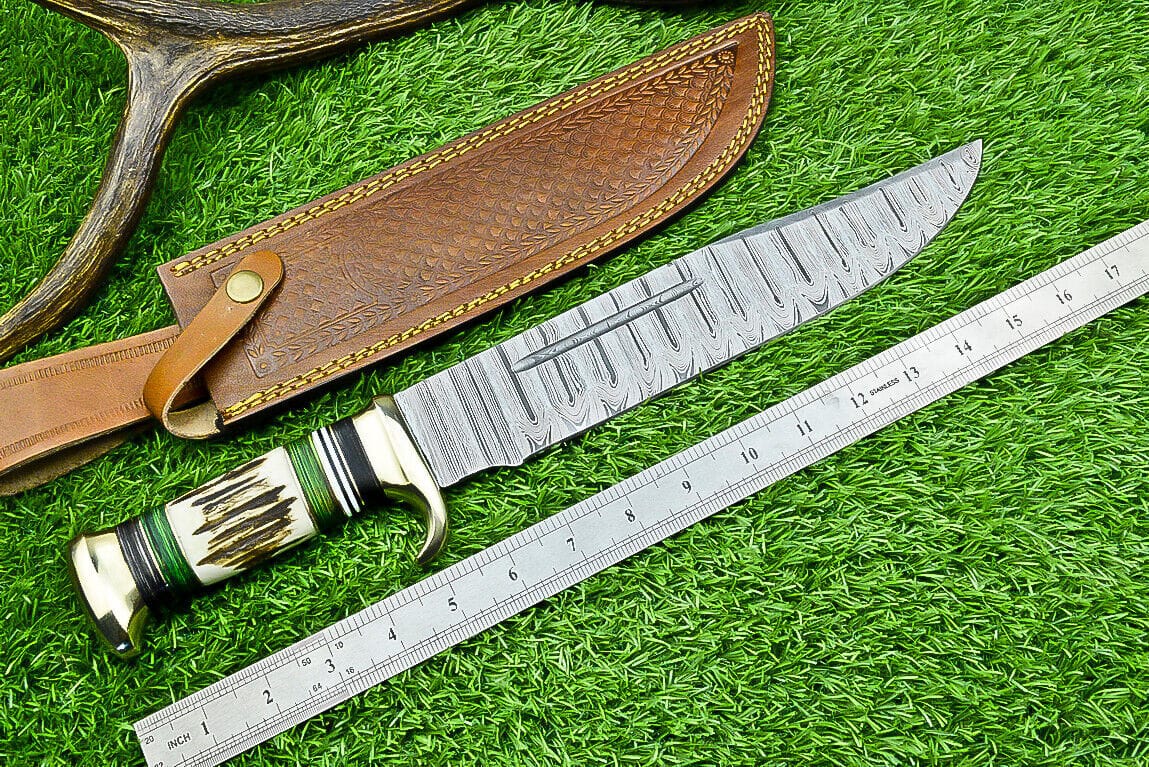 Texan Knives Bowie Knives Deluxe Dundee Knife – 16" Handmade Damascus Steel Blade with Brass Guard & Pakkawood or Stag Horn Handle + Leather Sheath