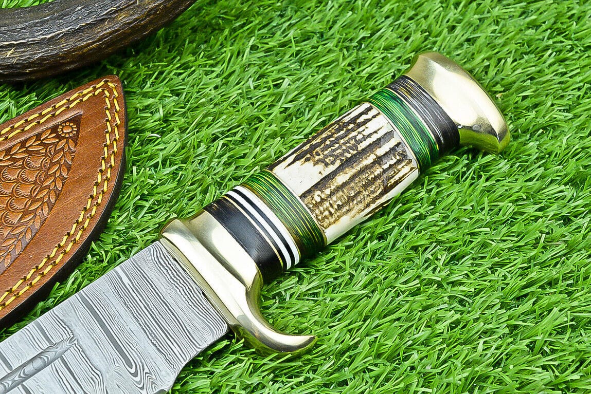 Texan Knives Bowie Knives Deluxe Dundee Knife – 16" Handmade Damascus Steel Blade with Brass Guard & Pakkawood or Stag Horn Handle + Leather Sheath