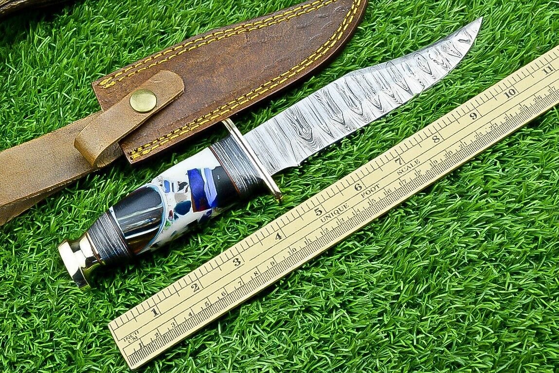 Texan Knives Bowie Knives Hand-Forged Western Boulder Colorado Knife – 11" Damascus Steel Blade with Brass Guard & Resin Grip