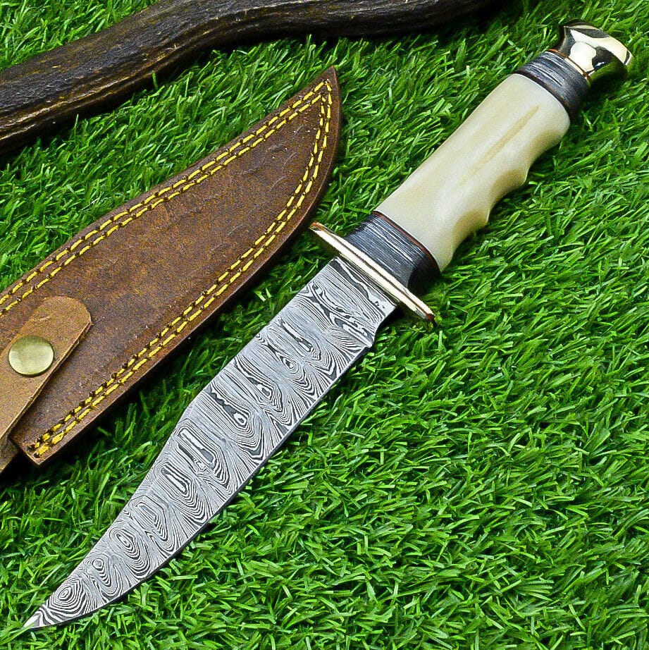 Texan Knives Bowie Knives Handmade Western Boulder Colorado Knife – 11" Damascus Steel Blade with Camel Bone Handle & Leather Sheath