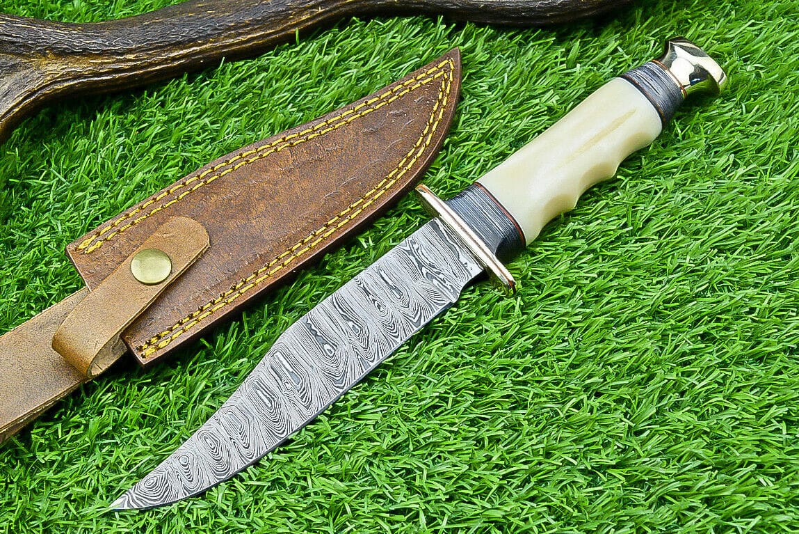 Texan Knives Bowie Knives Handmade Western Boulder Colorado Knife – 11" Damascus Steel Blade with Camel Bone Handle & Leather Sheath