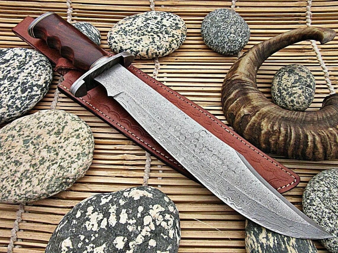 Texan Knives Bowie Knives Original 17" Antique Damascus Steel Bowie Knife – Rosewood Handle & Damascus Steel Guard with Leather Sheath