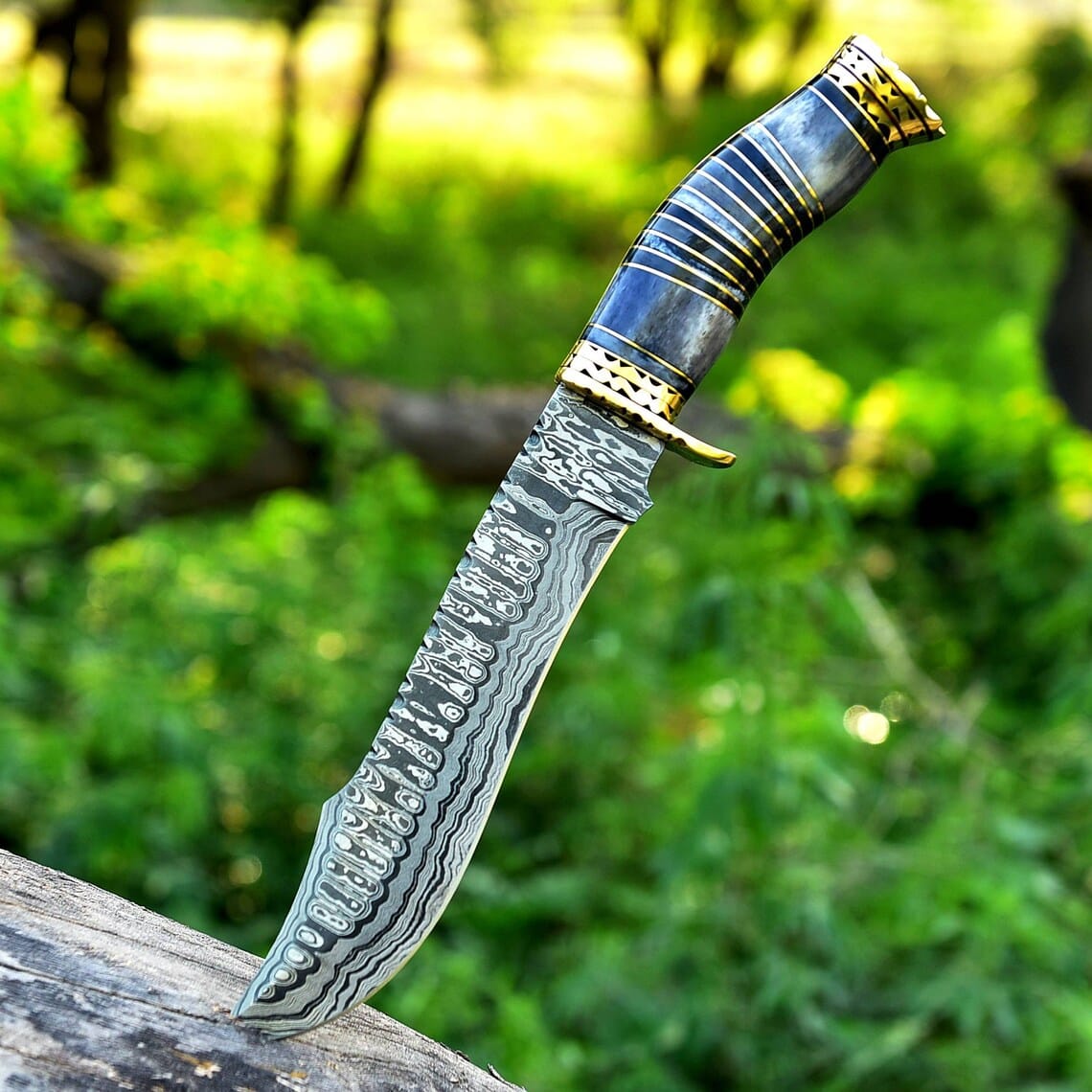 Texan Knives Bowie Knives Vintage Damascus Steel Bowie Knife for Sale - 13" with Brass Guard and Camel Bone Handle