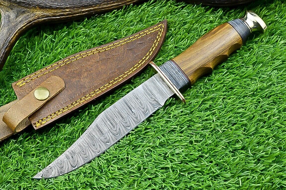 Texan Knives Bowie Knives Western Boulder Colorado Knife – 11" Handmade Damascus Steel Blade with Olive Wood Handle & Leather Sheath
