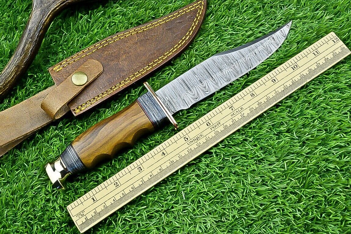 Texan Knives Bowie Knives Western Boulder Colorado Knife – 11" Handmade Damascus Steel Blade with Olive Wood Handle & Leather Sheath