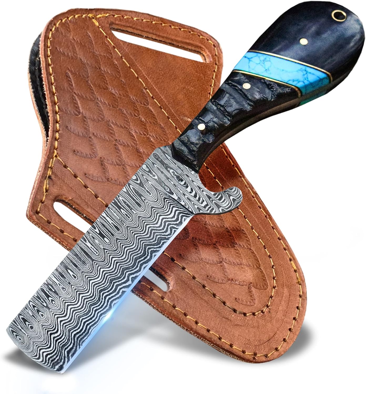 Texan Knives Bull Cutter Handmade Bull Cutter Knife - Damascus Steel 8" Fixed Blade with Resin or Sheep Horn Handle & Leather Sheath