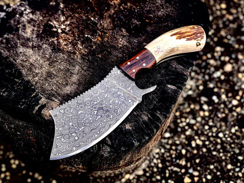Texan Knives Cleaver Handmade Damascus Steel Cleaver Knife with Antler Horn Handle & Rosewood Bolster - Includes Leather Sheath