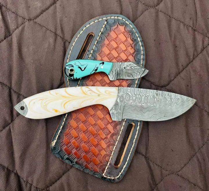 Texan Knives cowboy belt knives Cowboy Bull Cutter Knives - Custom Handmade Damascus Steel Blade with Resin Handle