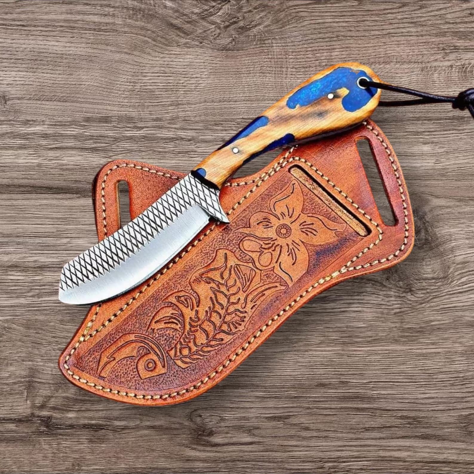 Texan Knives cowboy belt knives Custom Handmade Belt Knife | Rasp Tool Blade & Olive Wood Handle