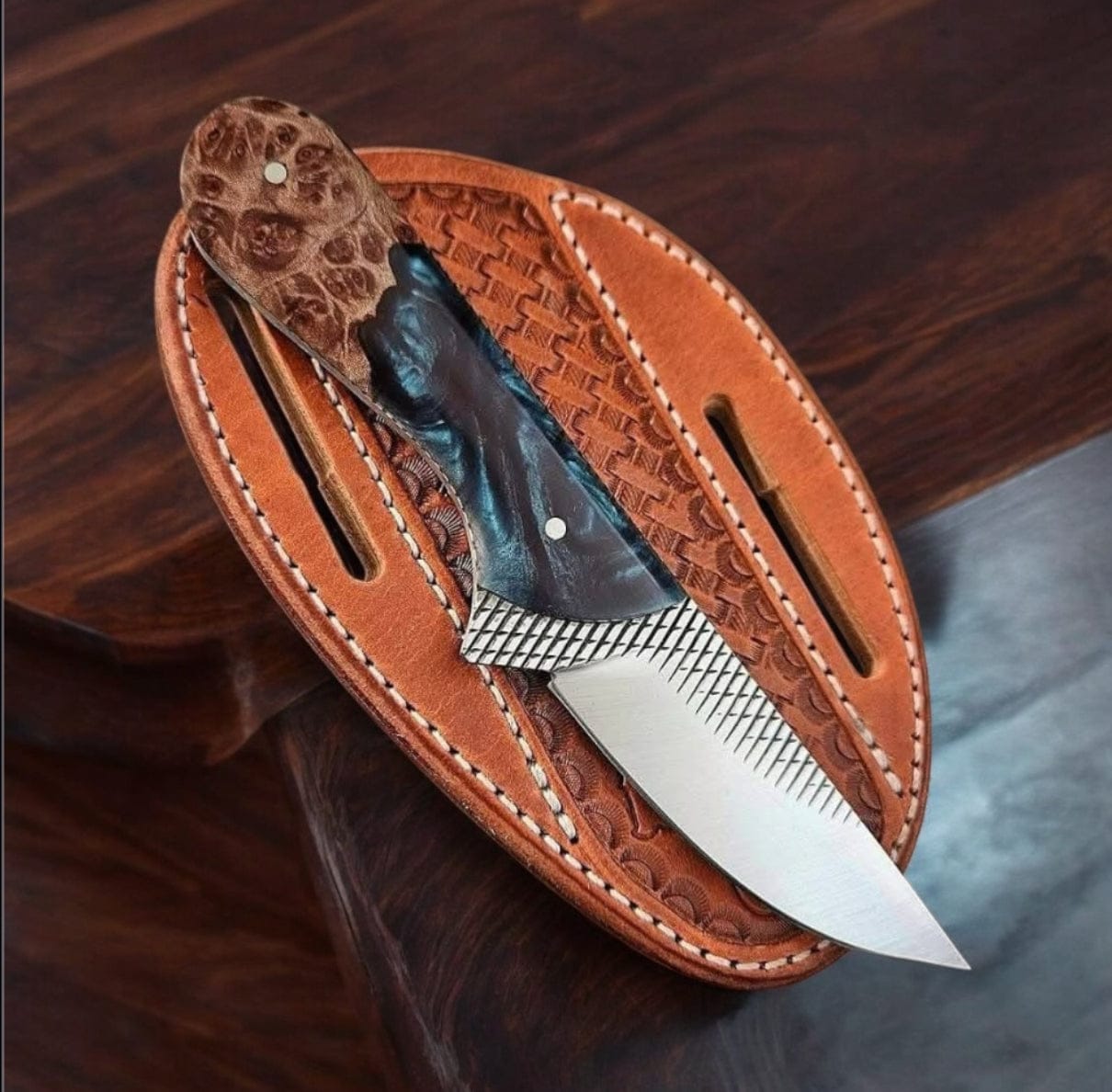 Texan Knives cowboy belt knives Handcrafted Cowboy Fixed Blade Knife – 9" Rasp Steel Blade with Resin & Wood Handle, Leather Sheath