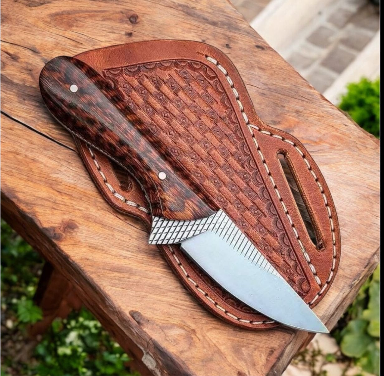 Texan Knives cowboy belt knives Handcrafted Western Knife – 8" Rasp Steel Blade with Snake Wood Handle & Leather Sheath