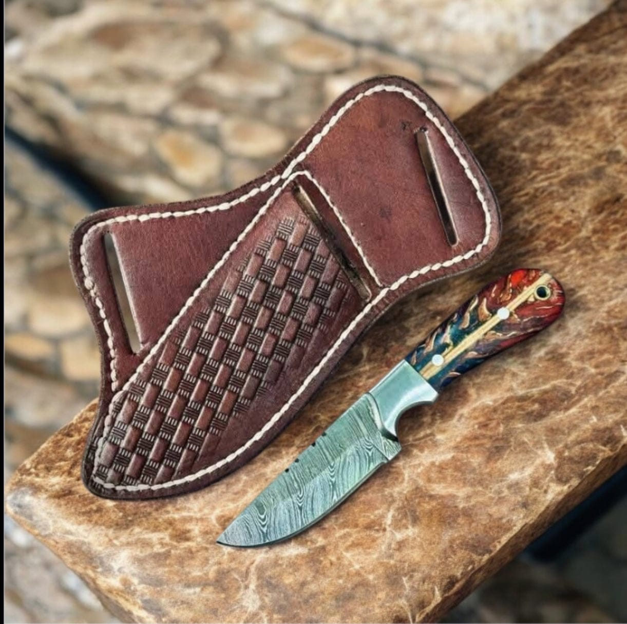 Texan Knives cowboy belt knives Western Handcrafted Fixed Blade Knife – Damascus Steel Outdoor Companion with Leather Sheath