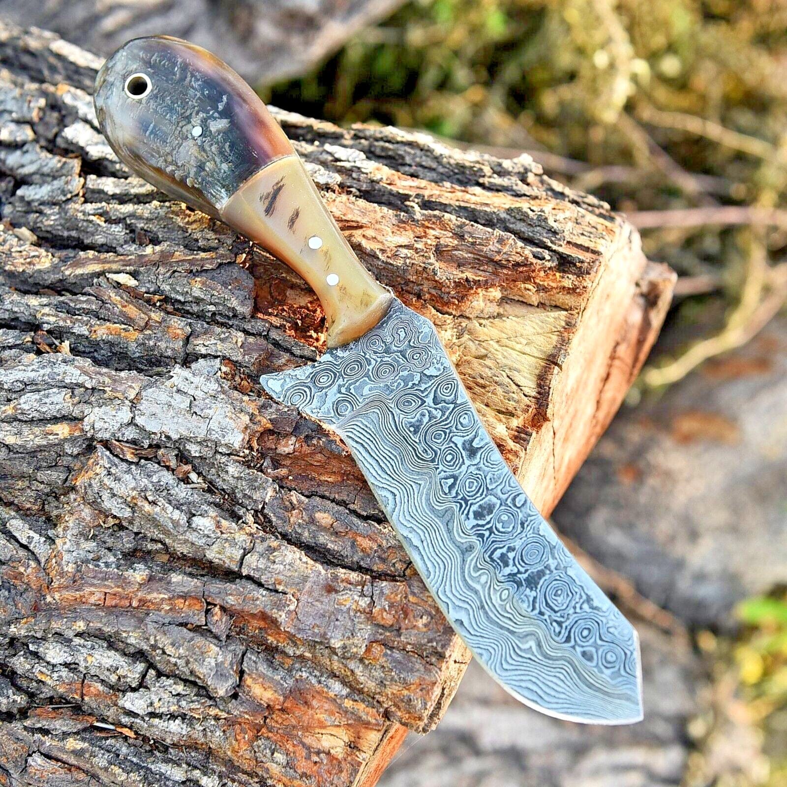 Texan Knives cowboy belt knives Whiskey Knives Out – 4-Inch Damascus Steel Blade with Sheep Horn Handle