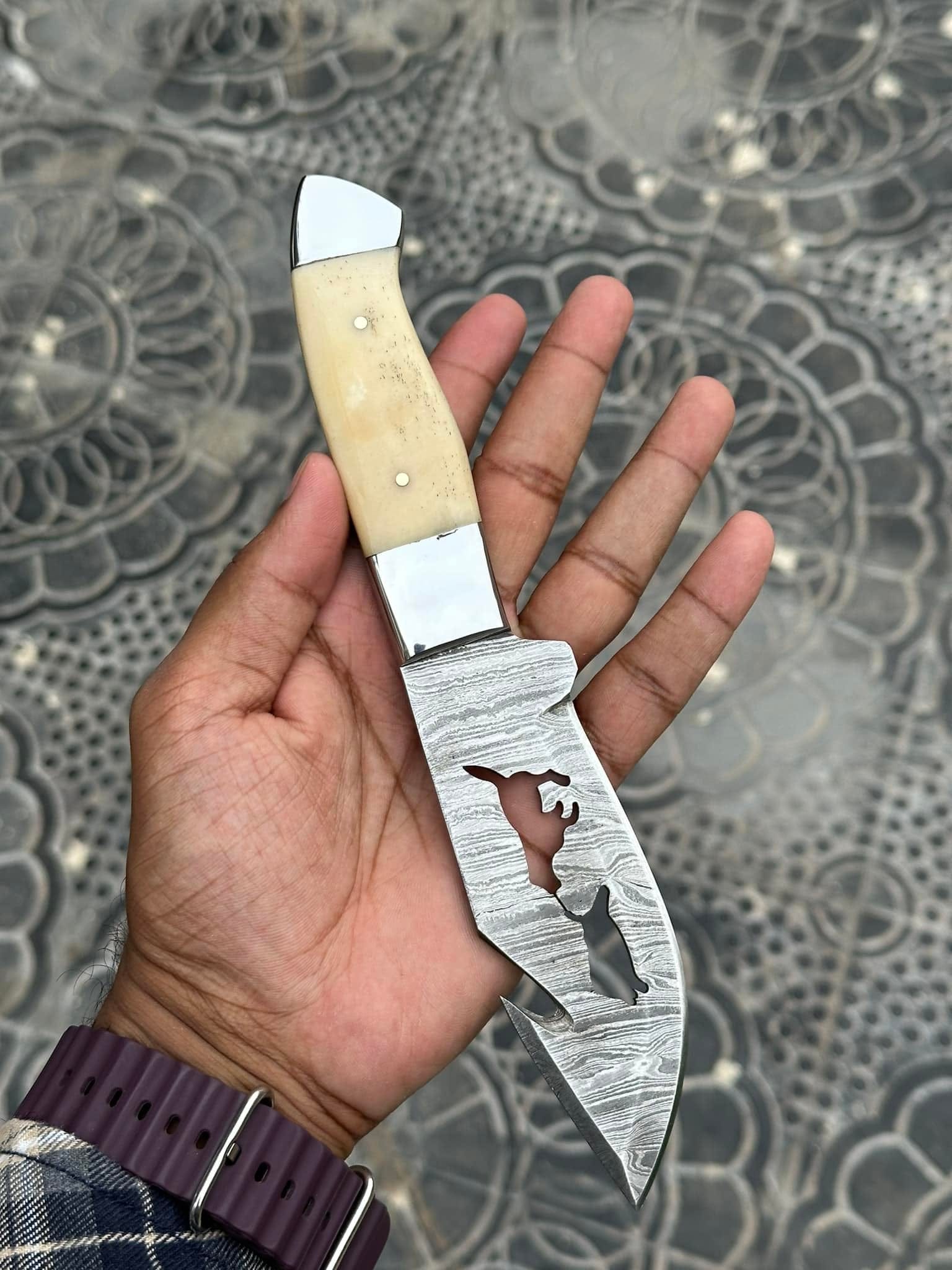 Texan Knives Cowboy Knife Custom Handmade Damascus Steel Knife in a Belt – Camel Bone Handle