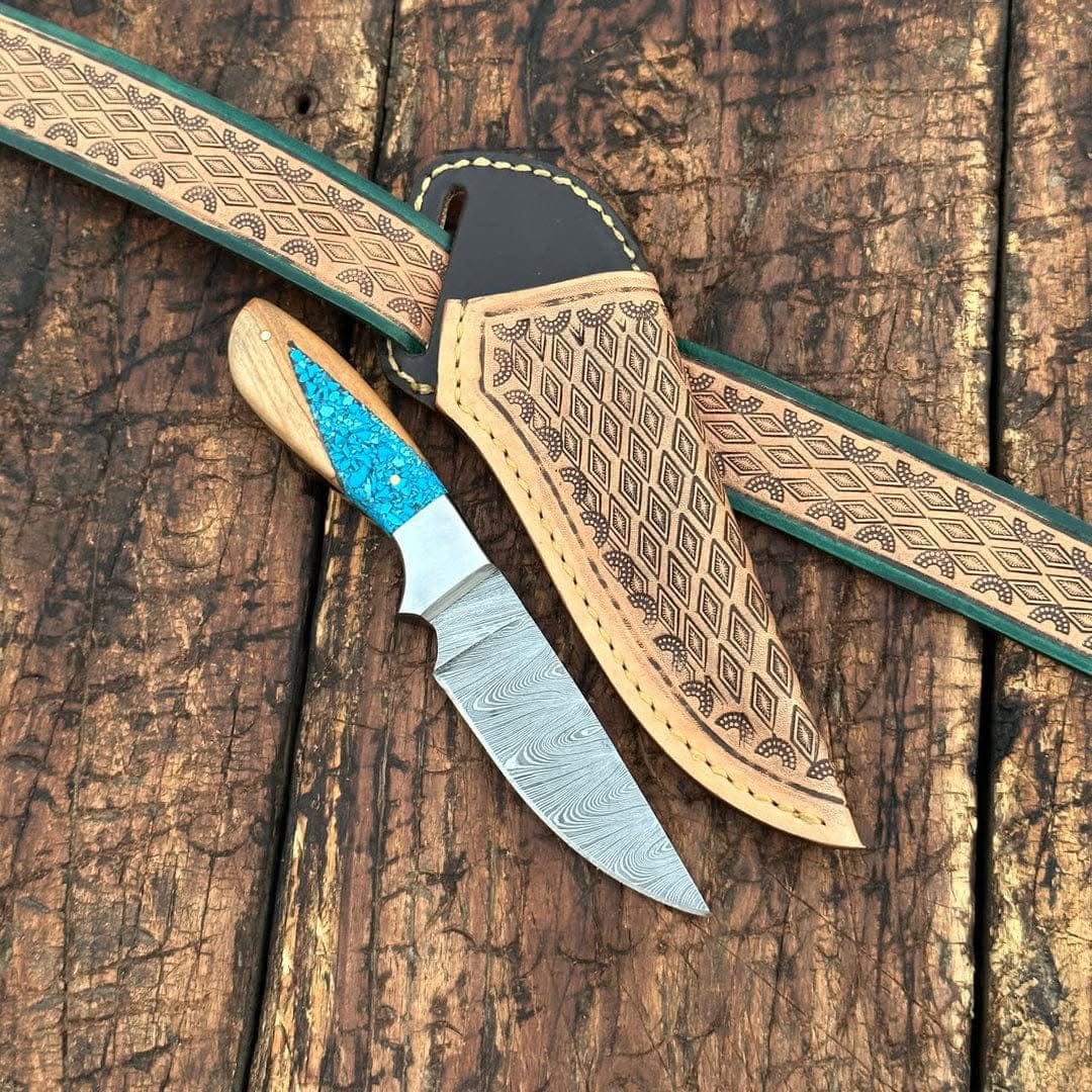 Texan Knives Cowboy Knife Handcrafted Back of Belt Knife – Damascus Steel Blade with Resin & Olive Wood Handle