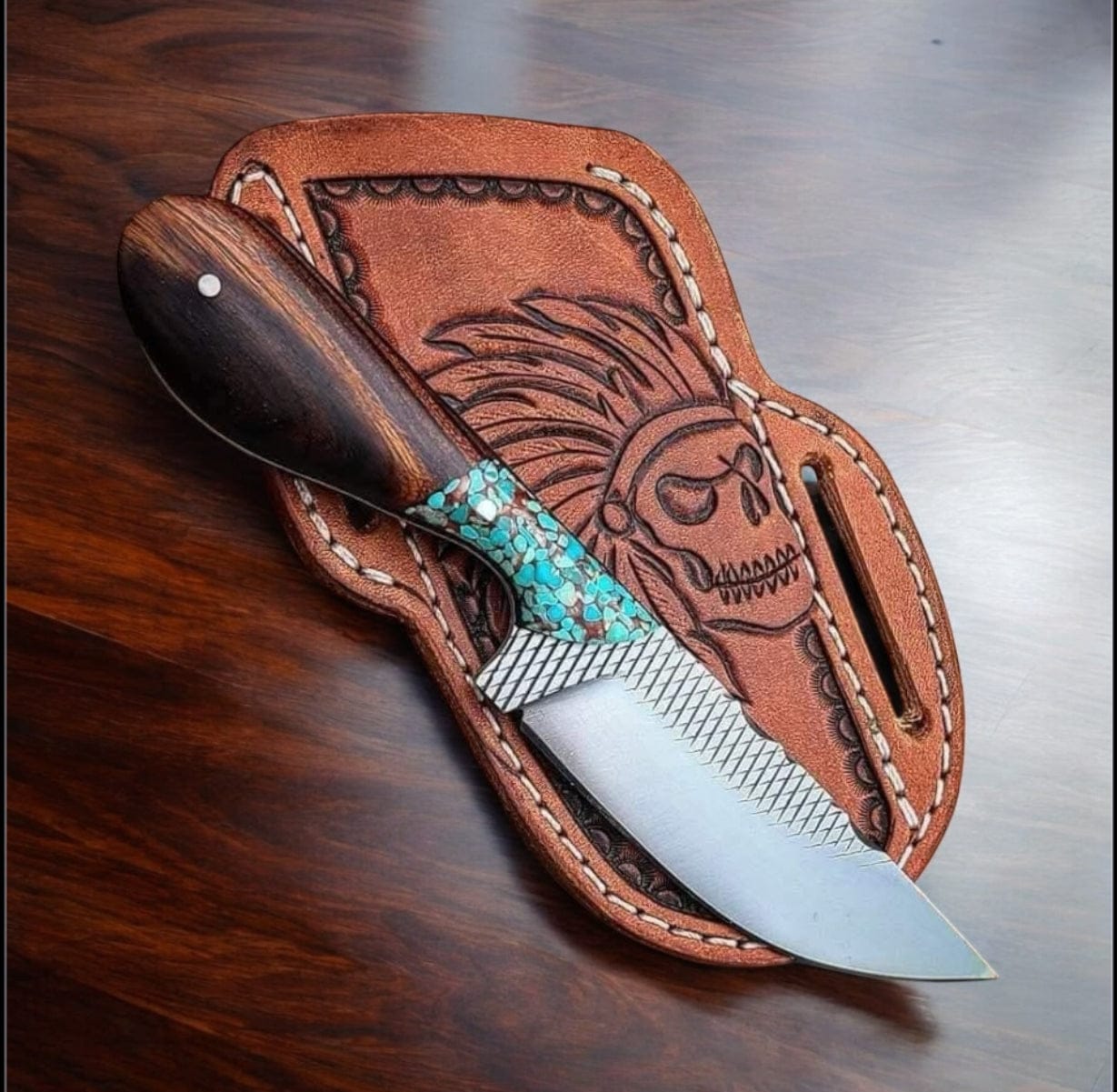 Texan Knives Cowboy Knife Handcrafted Belt Knives – 8" Rasp Steel Blade with Turquoise & Rosewood Handle