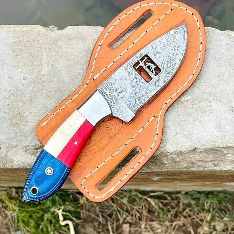 Texan Knives Cowboy Knife Patriotic Custom Handmade Cowboy Knife with USA Flag Handle – 8" Damascus Blade & Leather Sheath