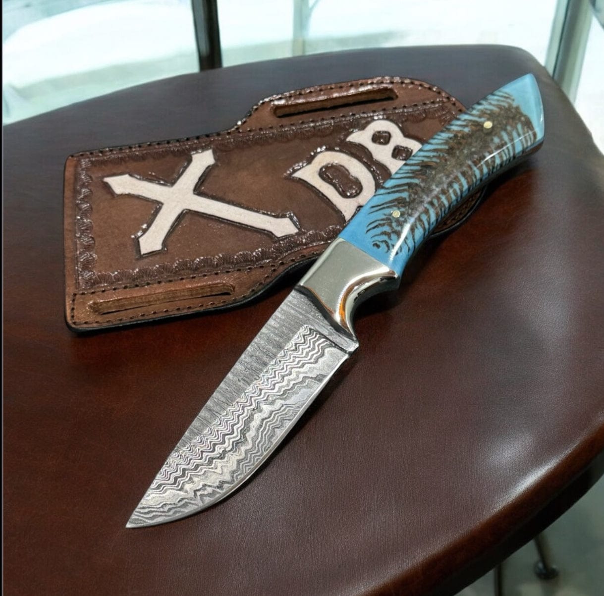 Texan Knives Cowboy Knife Premium Damascus Cowboy Knife – 10" Rasp Tool Steel Blade with Resin Pine Cone Handle & Western Leather Pancake Sheath