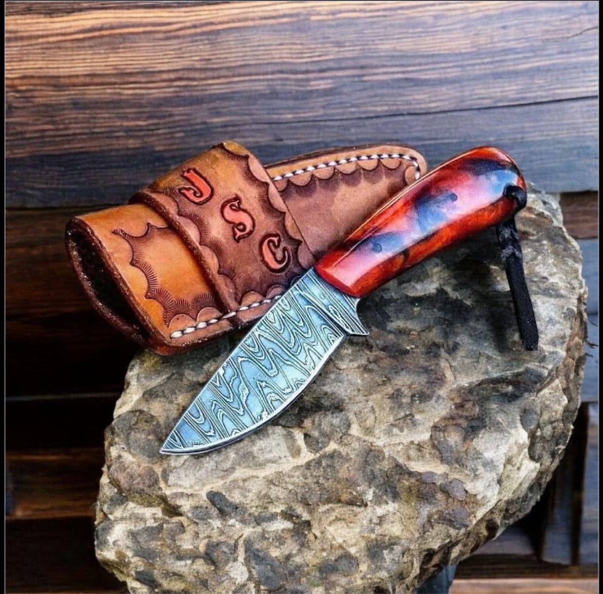 Texan Knives Cowboy Knife Ranch Cowboy Knives - Damascus Steel Blades with Resin Handle & Leather Case