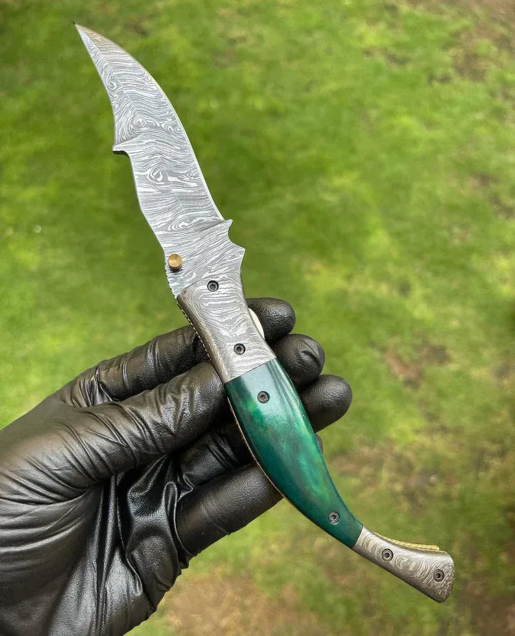 Texan Knives folding knives Custom Handmade Damascus Blade EDC Folding Pocket Knife – 3-Inch Blade, Color Bone Handle & Brass Engraved Bolster with Leather Sheath