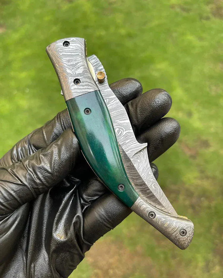Texan Knives folding knives Custom Handmade Damascus Blade EDC Folding Pocket Knife – 3-Inch Blade, Color Bone Handle & Brass Engraved Bolster with Leather Sheath