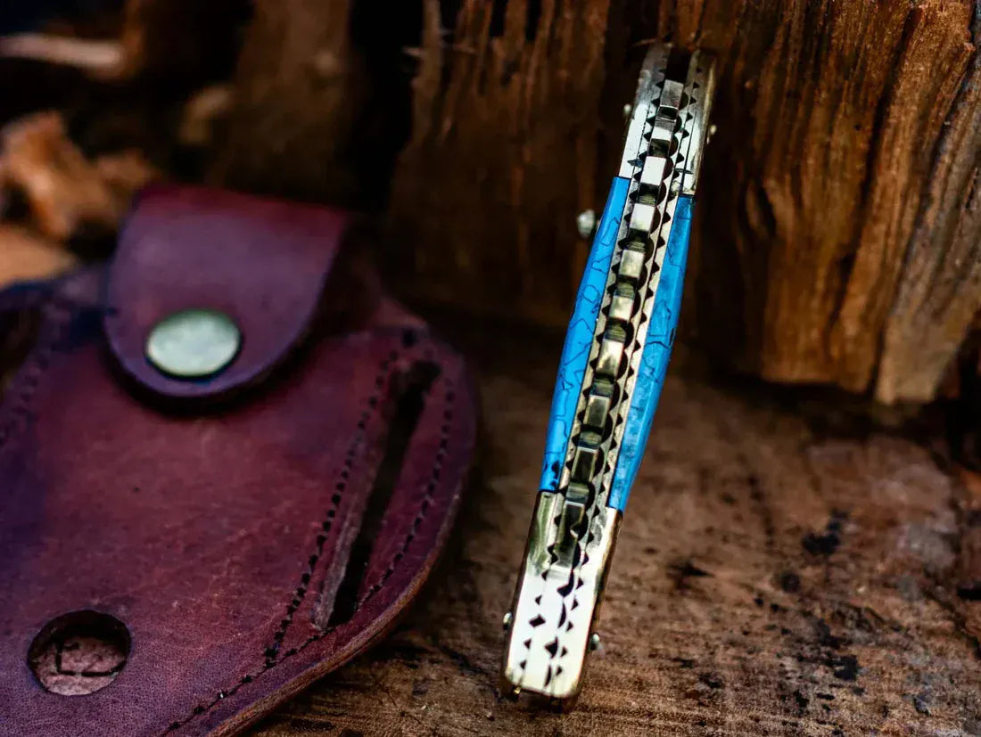 Texan Knives Folding Knives Custom Handmade Fish Style Damascus Steel Folding Knife with Epoxy Resin Handle & Brass Accents - Includes Leather Sheath
