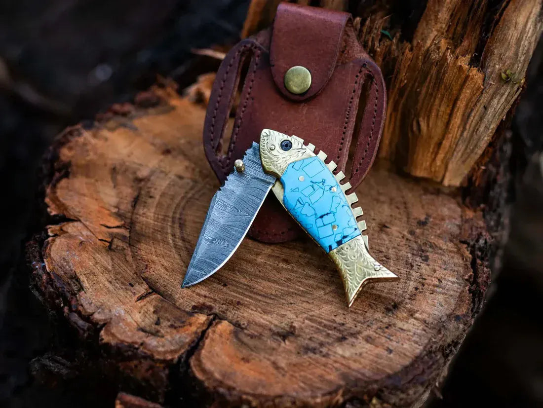 Texan Knives Folding Knives Custom Handmade Fish Style Damascus Steel Folding Knife with Epoxy Resin Handle & Brass Accents - Includes Leather Sheath