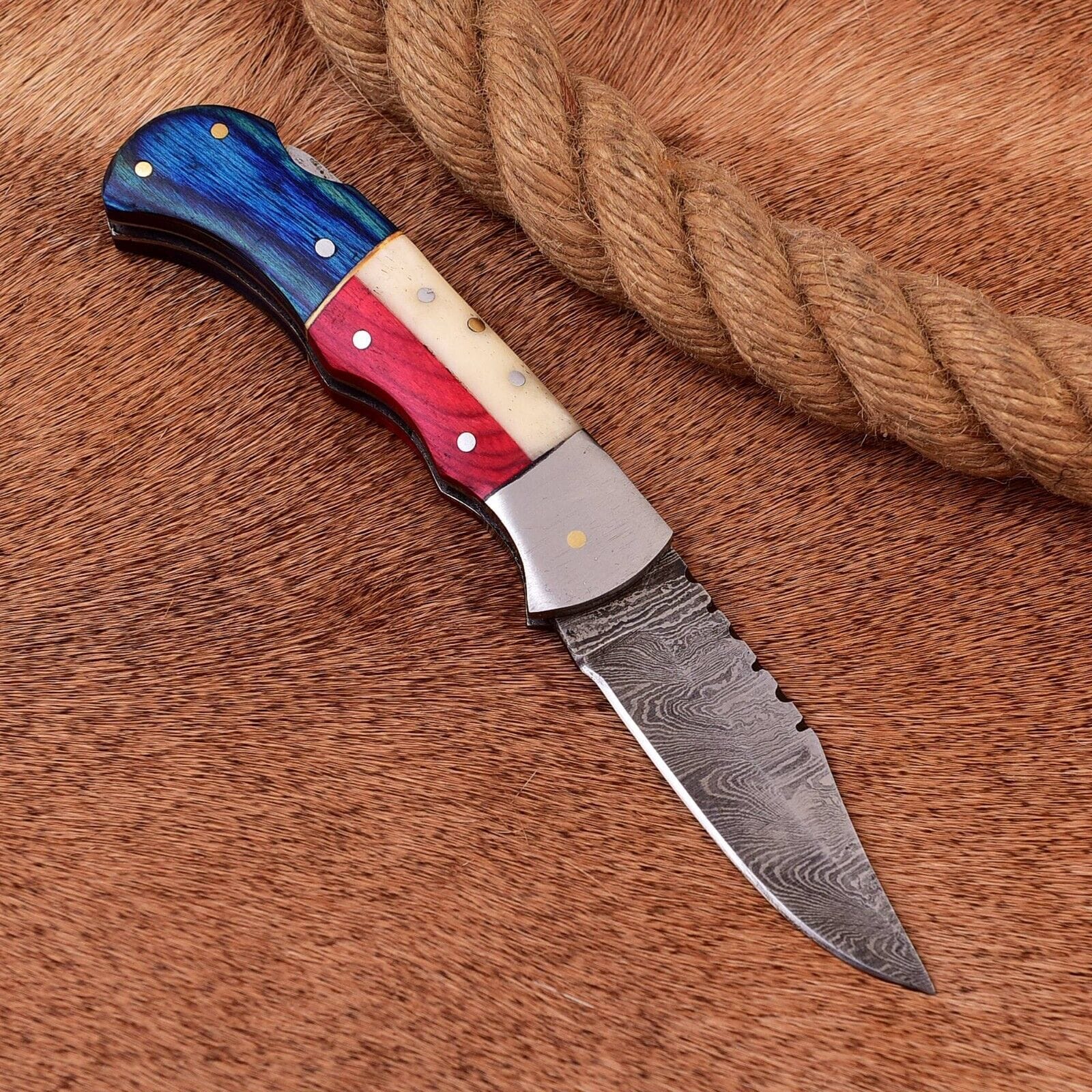 Texan Knives folding knives Exclusive Texas Flag Damascus Steel Pocket Knife – 3" Blade with Leather Sheath | Perfect Gift for Collectors