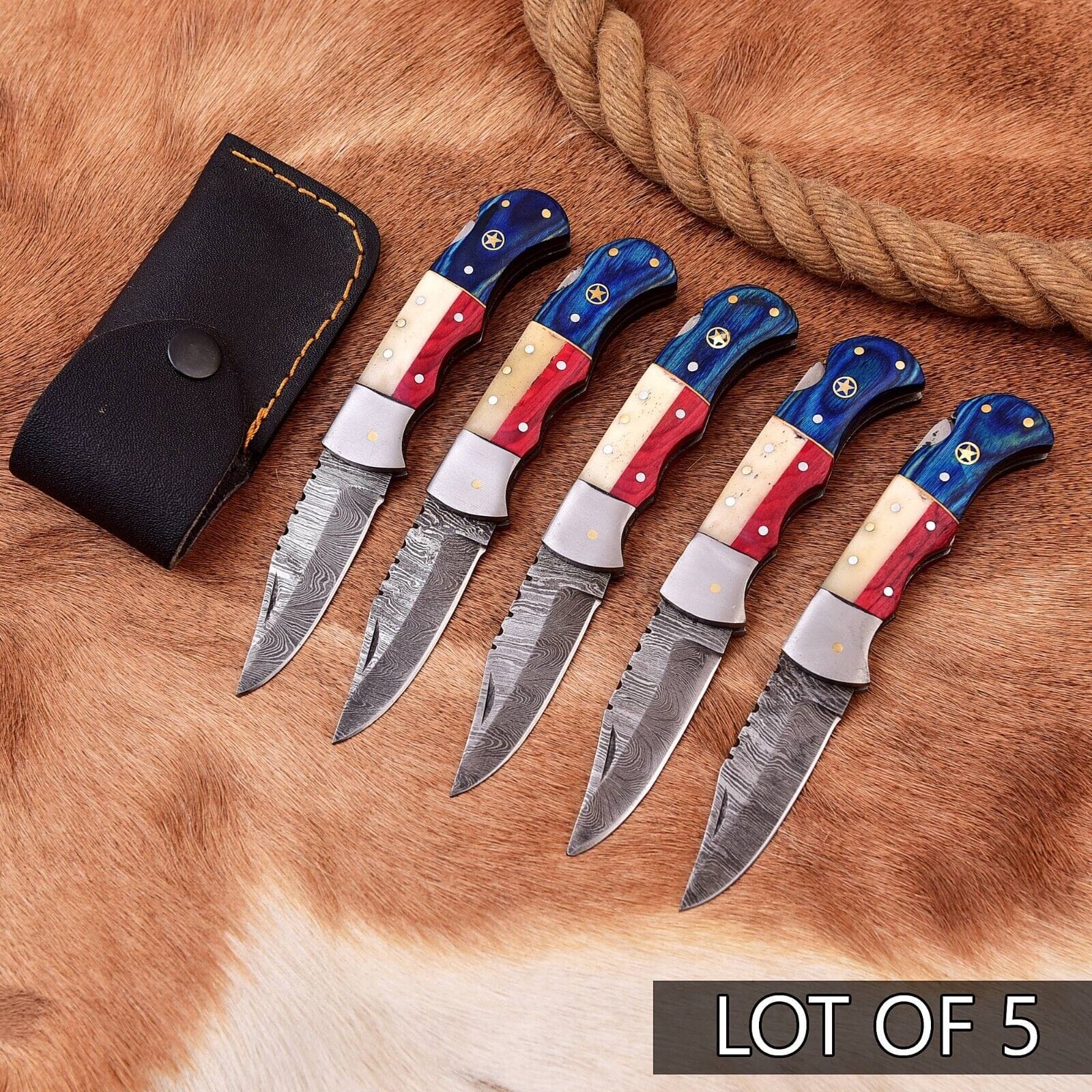 Texan Knives folding knives Exclusive Texas Flag Damascus Steel Pocket Knife – 3" Blade with Leather Sheath | Perfect Gift for Collectors