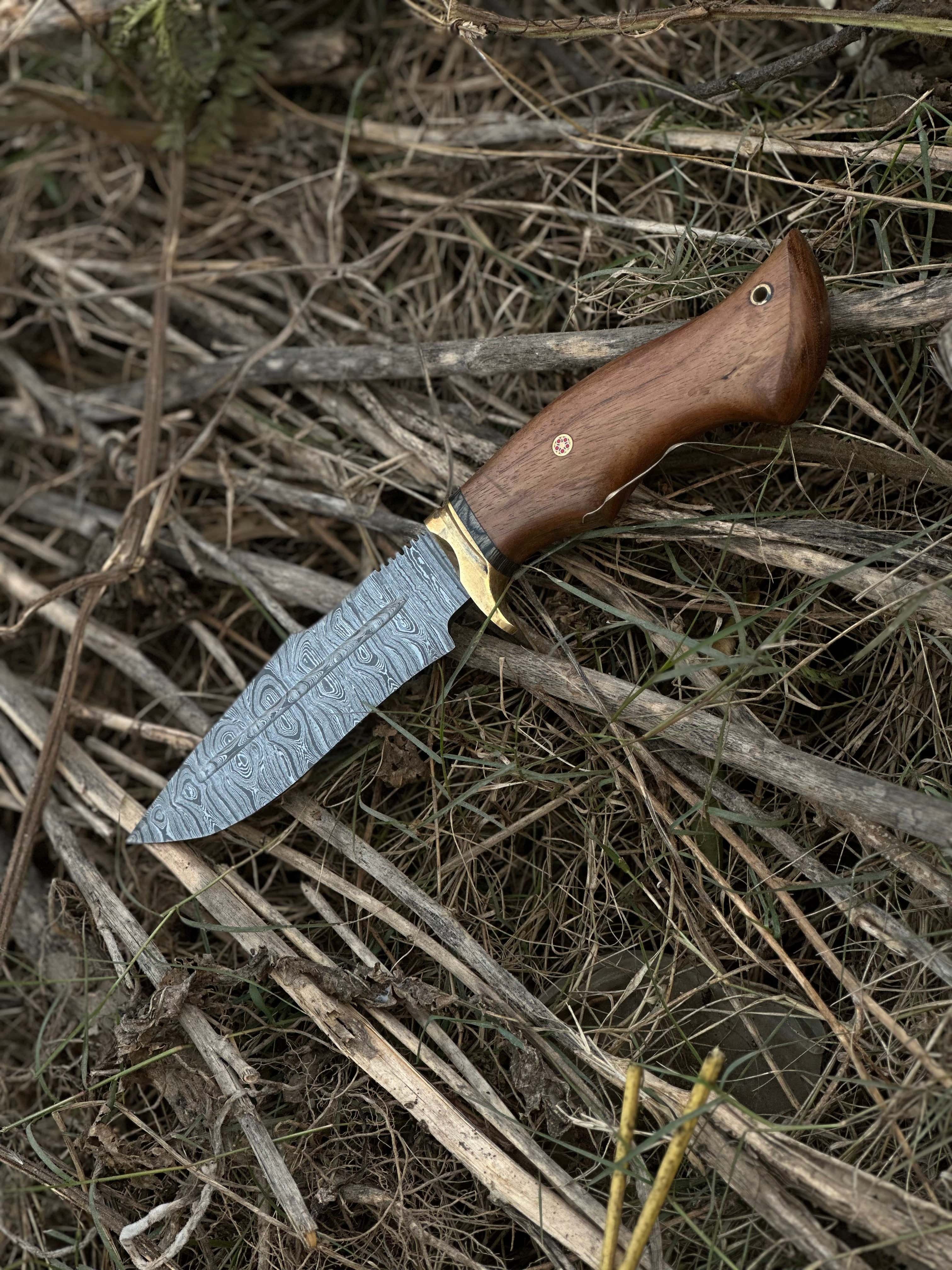 Texan Knives folding knives Hunting Blade – 10" Damascus Steel Knife with Rosewood Handle, Brass Guard & Leather Sheath