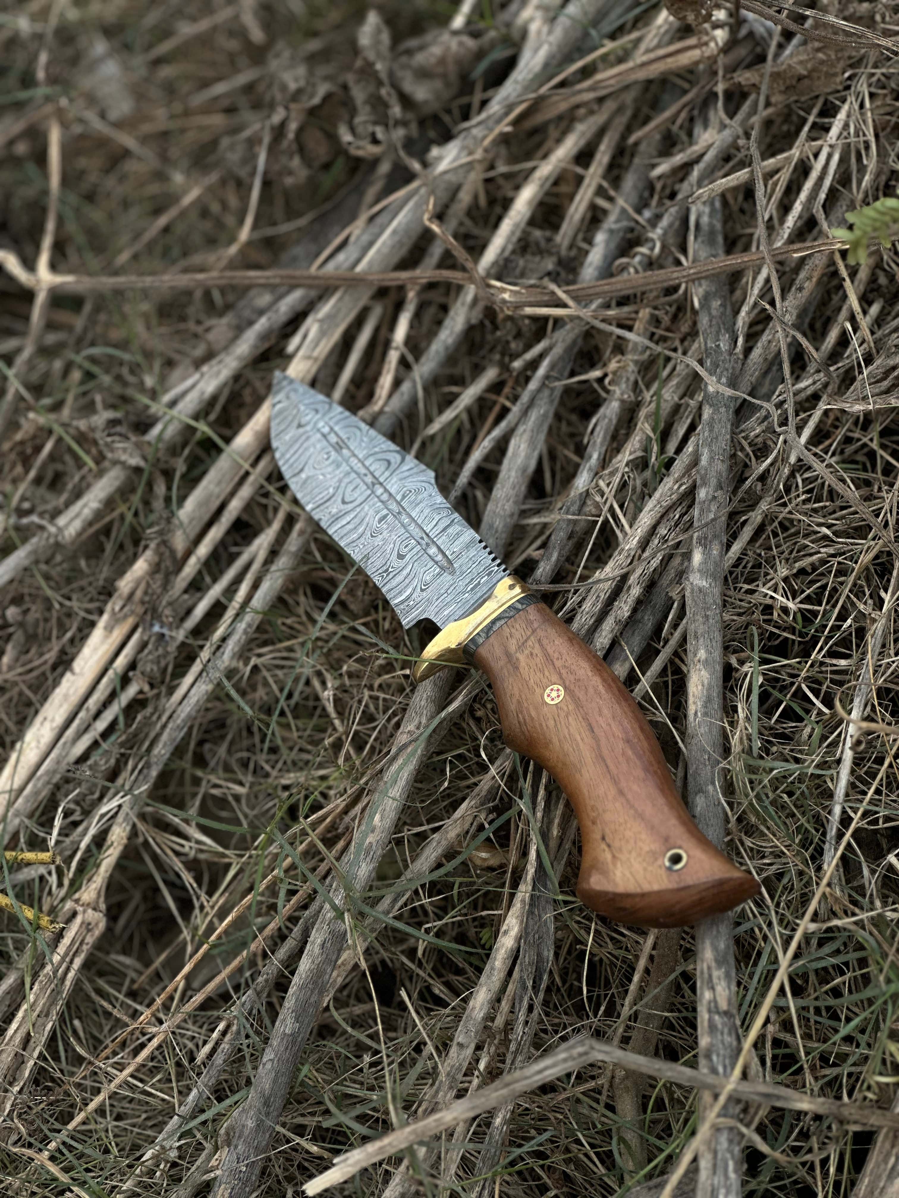 Texan Knives folding knives Hunting Blade – 10" Damascus Steel Knife with Rosewood Handle, Brass Guard & Leather Sheath