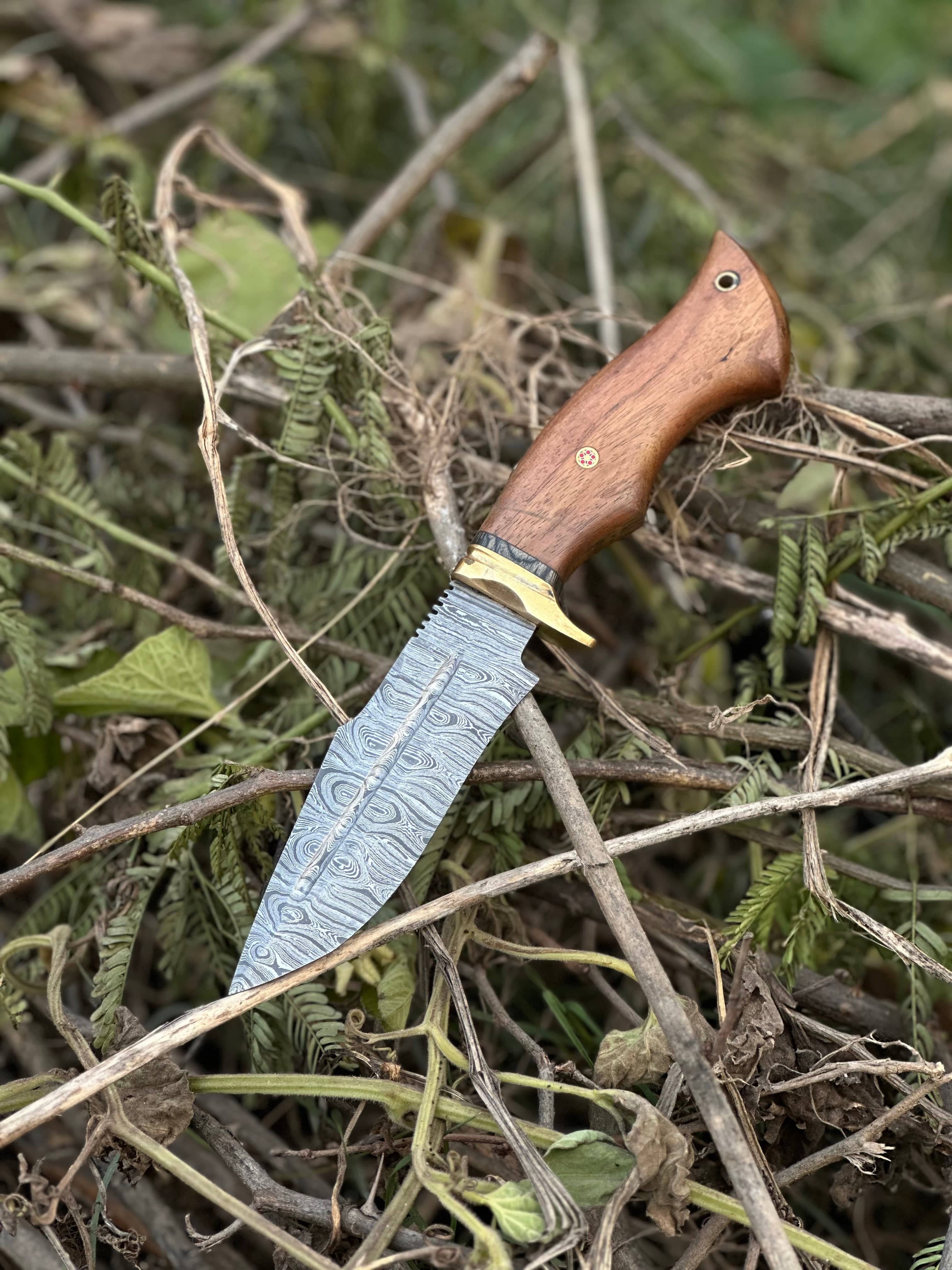 Texan Knives folding knives Hunting Blade – 10" Damascus Steel Knife with Rosewood Handle, Brass Guard & Leather Sheath