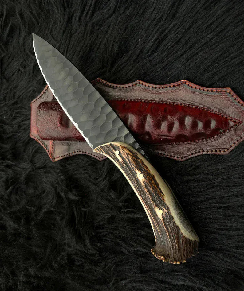Texan Knives Hunting Knives Custom Forged 1095 High Carbon Steel Hunting Knife – 12” Antler Horn Handle with Leather Sheath