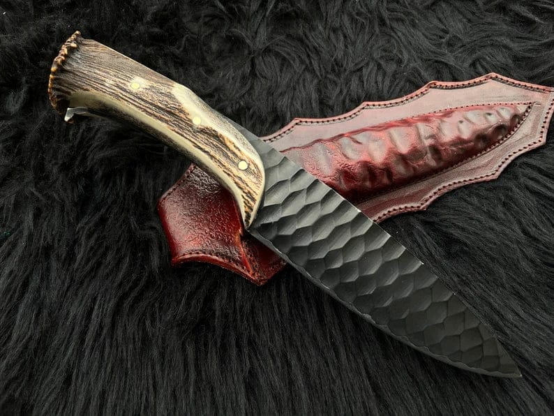 Texan Knives Hunting Knives Custom Forged 1095 High Carbon Steel Hunting Knife – 12” Antler Horn Handle with Leather Sheath