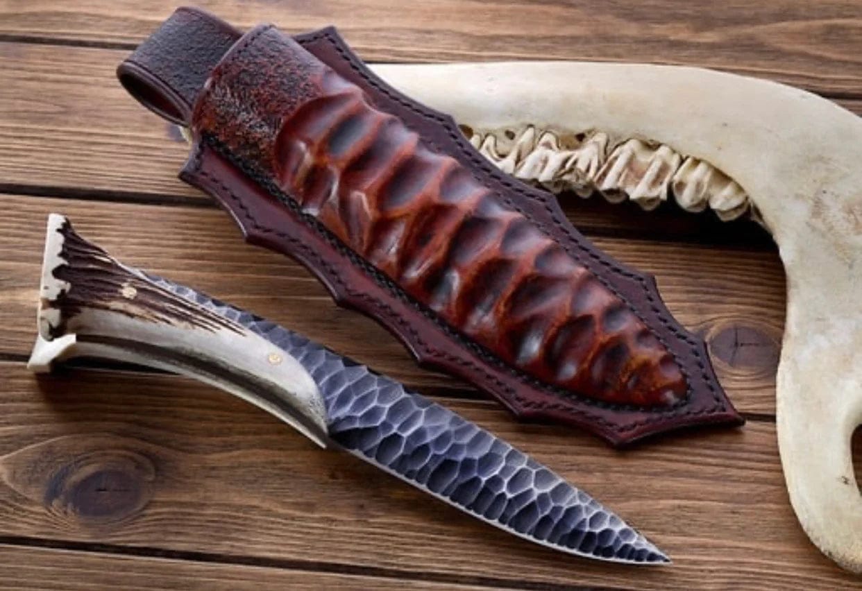 Texan Knives Hunting Knives Custom Forged 1095 High Carbon Steel Hunting Knife – Antler Horn Handle & Leather Sheath