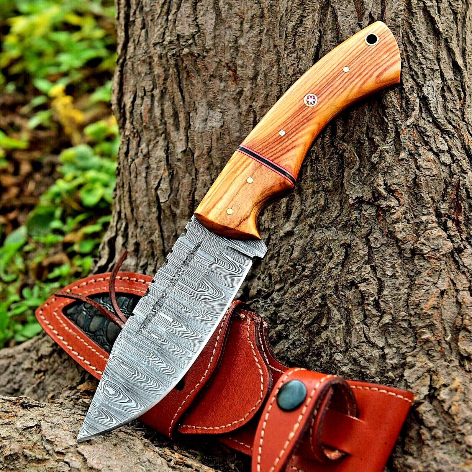 Texan Knives Hunting Knives Custom Handmade 10" Damascus Steel Hunting Knife with Olive Wood Handle & Leather Sheath