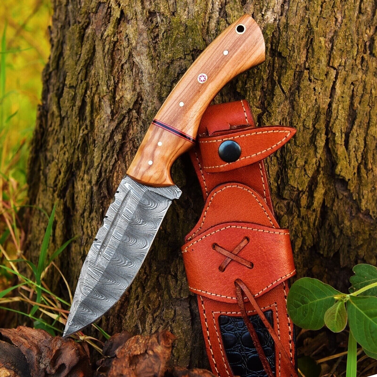 Texan Knives Hunting Knives Custom Handmade 10" Damascus Steel Hunting Knife with Olive Wood Handle & Leather Sheath