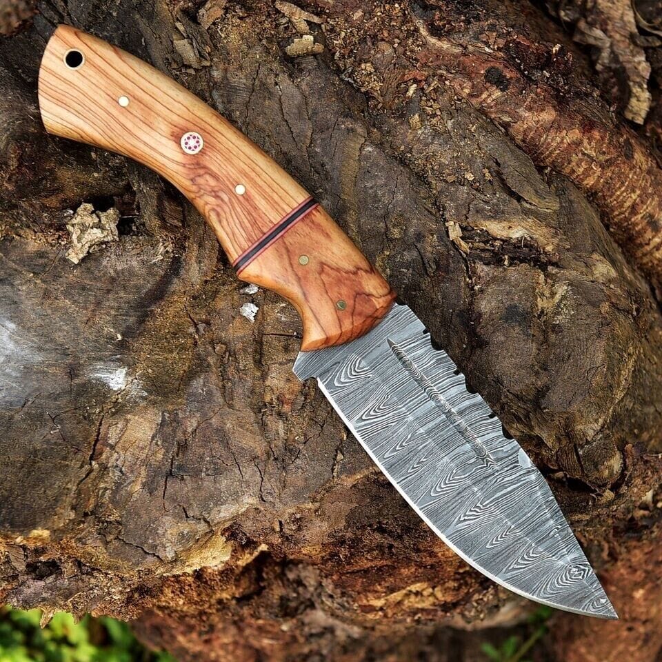 Texan Knives Hunting Knives Custom Handmade 10" Damascus Steel Hunting Knife with Olive Wood Handle & Leather Sheath