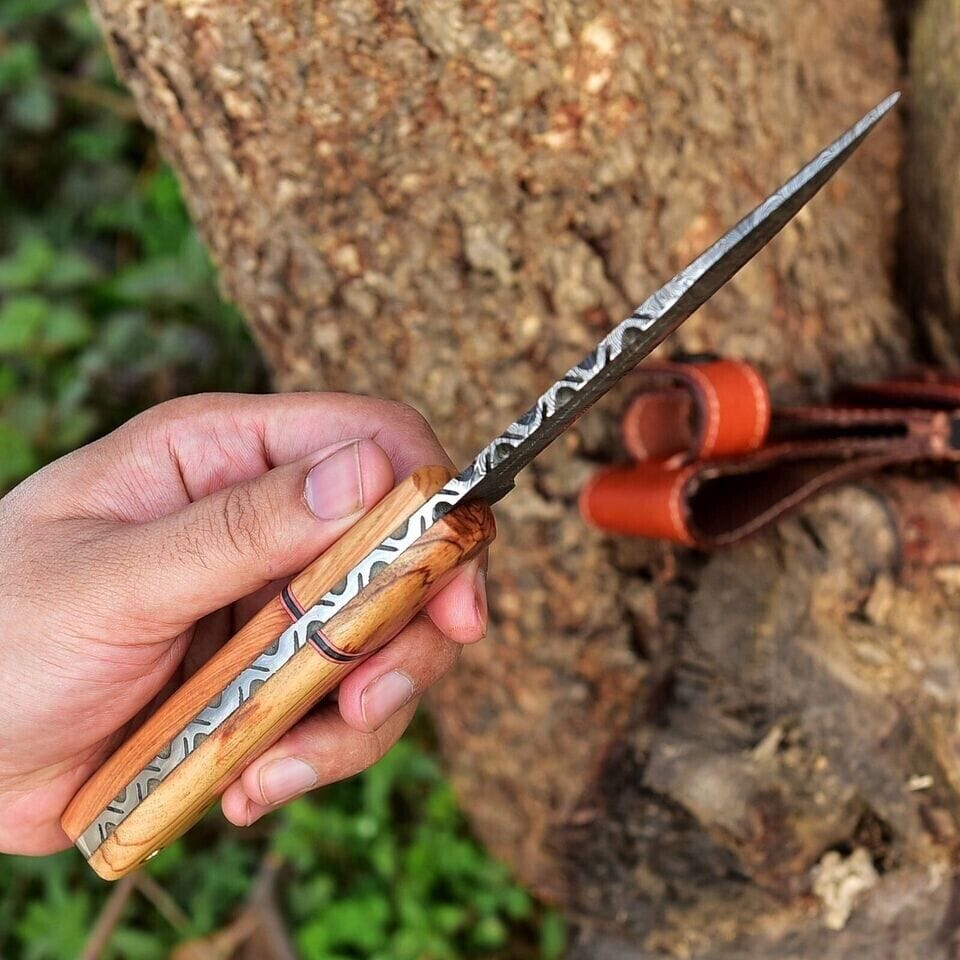 Texan Knives Hunting Knives Custom Handmade 10" Damascus Steel Hunting Knife with Olive Wood Handle & Leather Sheath