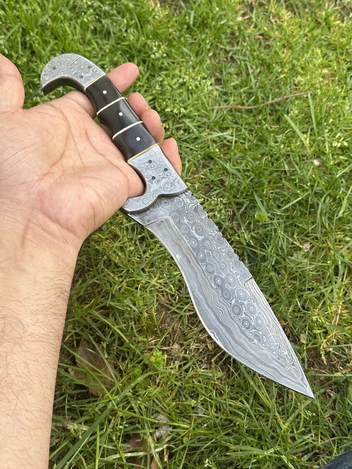 Texan Knives Hunting Knives Custom Handmade 12" Damascus Steel Hunting Knife with Buffalo Horn Handle & Damascus Steel Bolster - Includes Leather Sheath