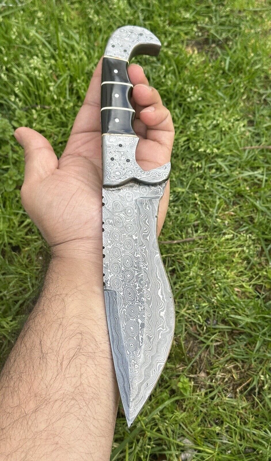 Texan Knives Hunting Knives Custom Handmade 12" Damascus Steel Hunting Knife with Buffalo Horn Handle & Damascus Steel Bolster - Includes Leather Sheath