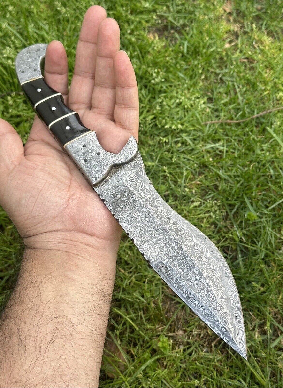 Texan Knives Hunting Knives Custom Handmade 12" Damascus Steel Hunting Knife with Buffalo Horn Handle & Damascus Steel Bolster - Includes Leather Sheath