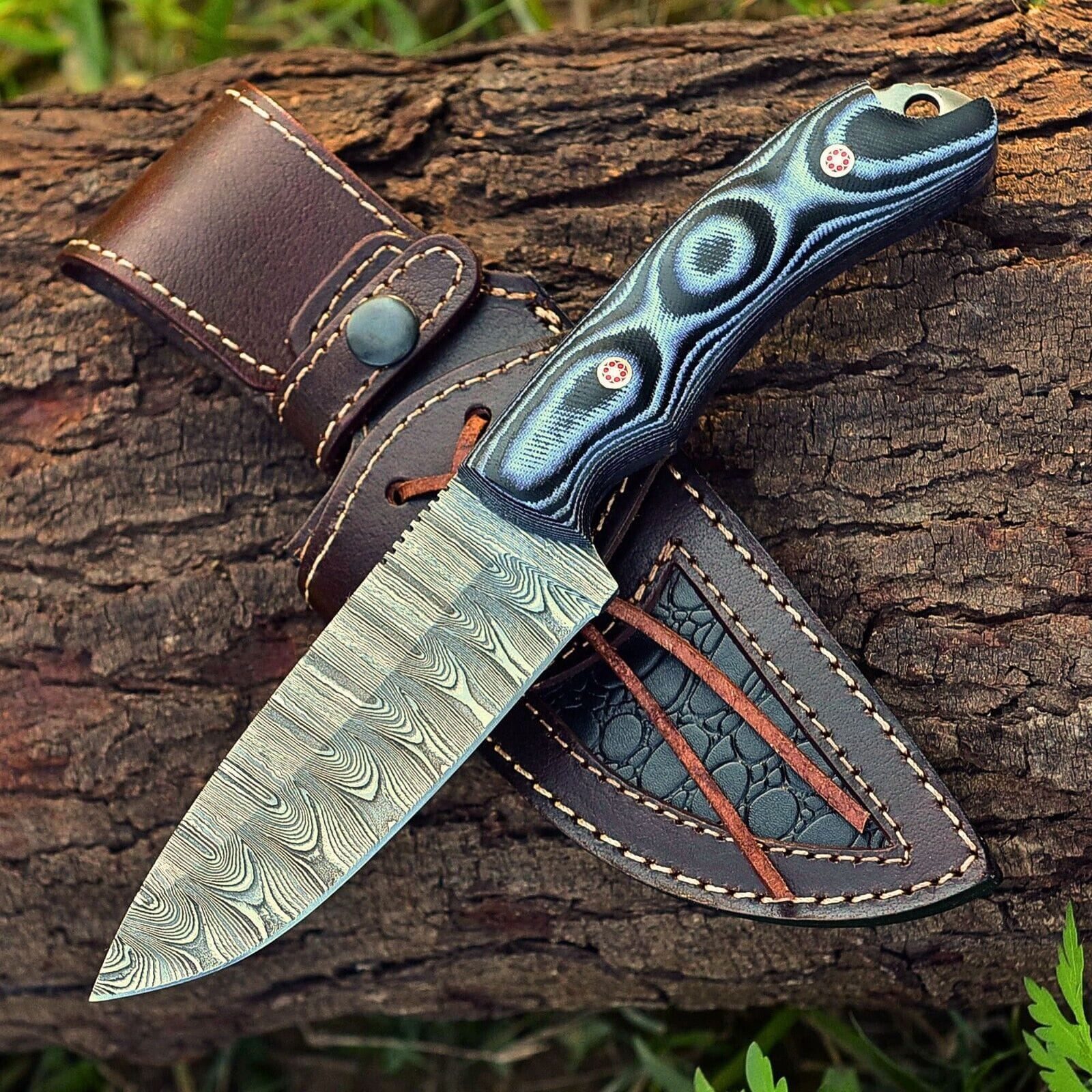 Texan Knives Hunting Knives Custom Handmade 9" Damascus Steel Hunting Knife with G10 Handle & Leather Sheath