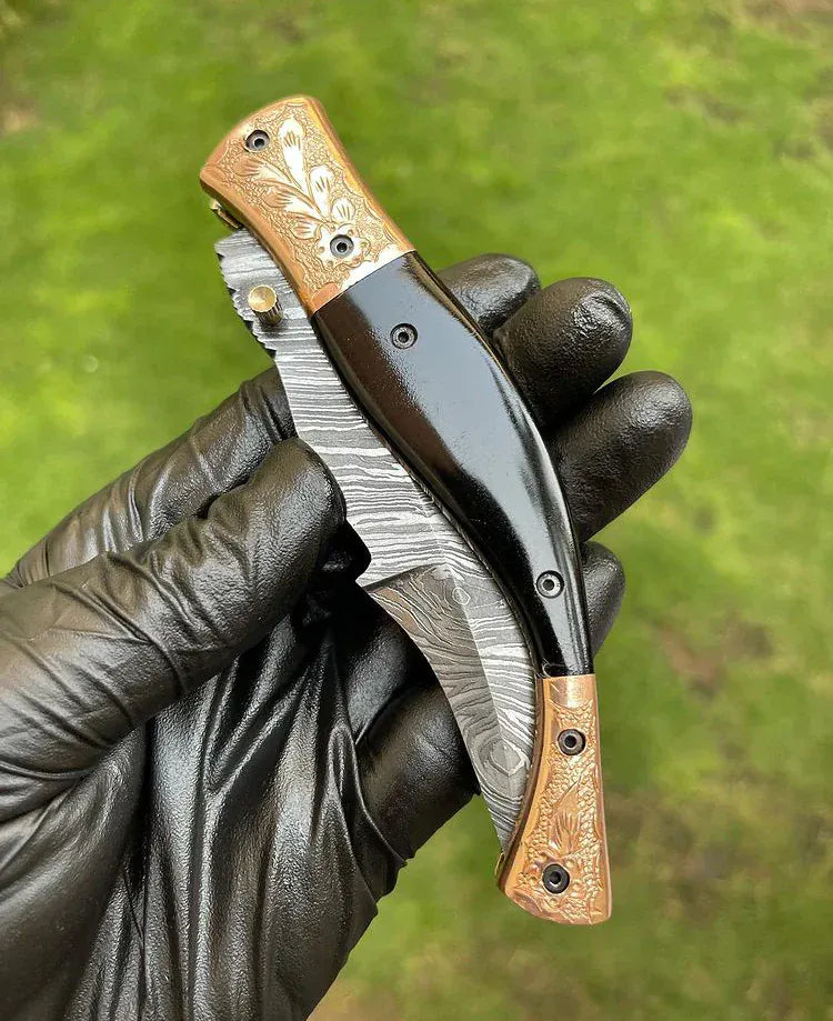 Texan Knives Hunting Knives Custom Handmade Damascus Blade EDC Folding Pocket Knife with Color Bone Handle & Brass Engraved Bolster - Includes Leather Sheath